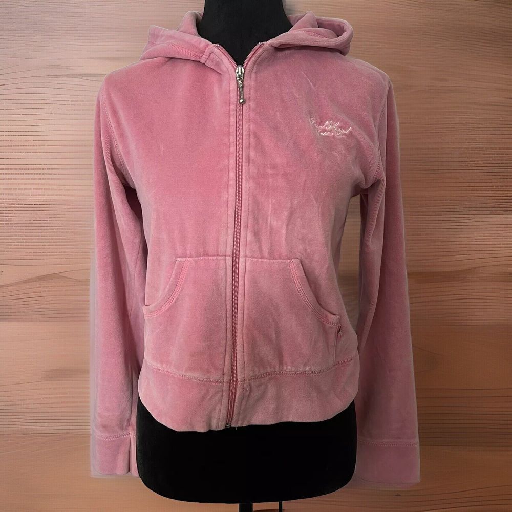 Duck Head‎ Vintage Y2K Zip Up Hoodie Jacket Sz Large Pink Velour Girls Crop